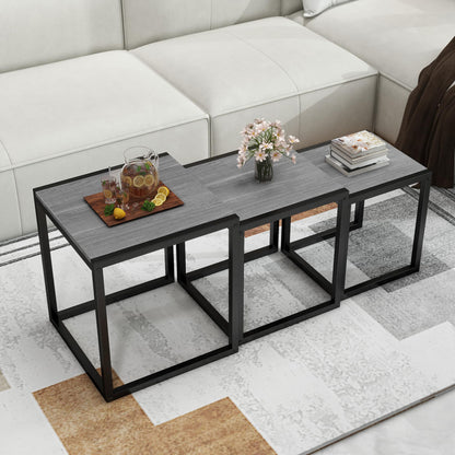 HAHRIR Nesting Table Set of 3 Side Wooden Tables, Square End Tables，Coffee Table with Metal Frame (Grey)