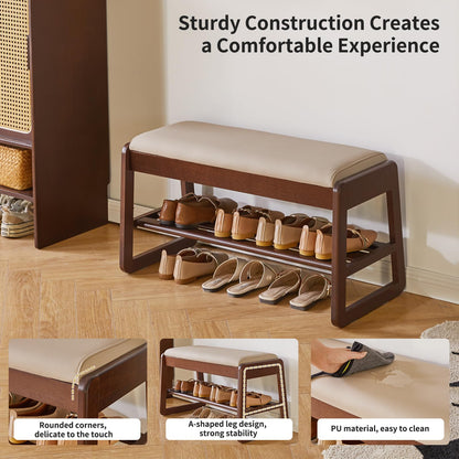 Aibiju Solid Wood Shoe Storage Bench, 2 Tier Shoe Rack with Hidden Storage, 31.5 Inch Wooden Storage Organizer for Entryway Hallway Living Room