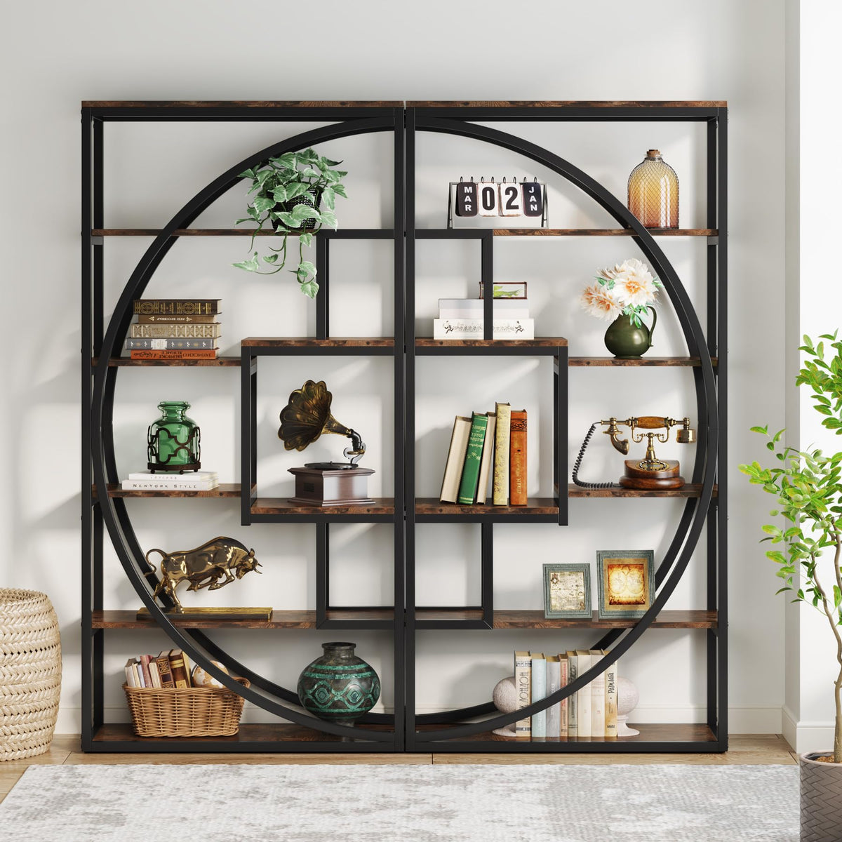 Tribesigns Industrial Bookcase 180 cm Height - 5-Tier Vintage Brown Shelf with 8 Open Compartments, Sturdy Shelf Unit for Living Room / Home Office