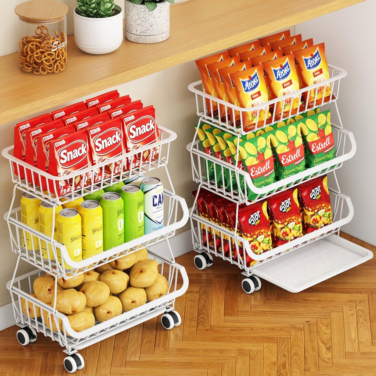 Miyawell 3-Tier Rolling Pantry Cart with Wheels, Stackable Wire Storage Floor Organizer for Kitchen Pantry Snack Shelves, Fruit Basket Stand