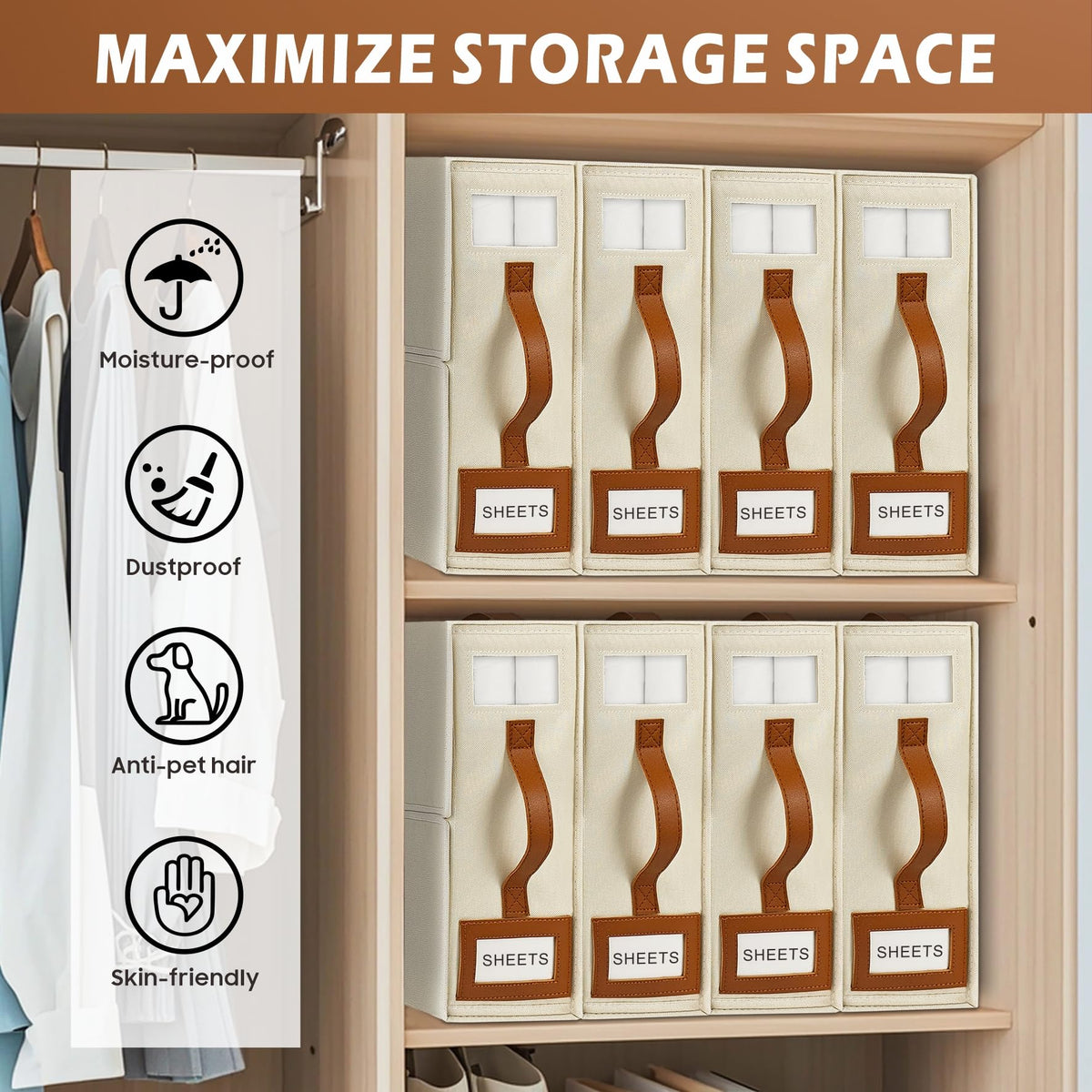 BOSNONA Bed Sheet Organiser 4 Pack Beige Bedding Storage Box Foldable King Size Bed Sheet Organiser Boxes with Zip for Bedsheets, Pillow Cases