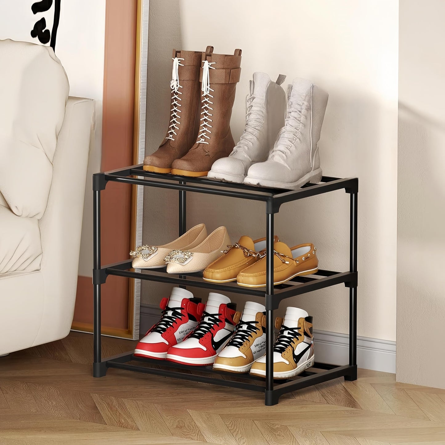 Flosvotals 3 Tier Shoe Rack,Space Saving Shoe Storage Organiser,Metal Storage Rack, Easy Assembly & Strong Design, Stackable Shoe Shelf, for Hallway