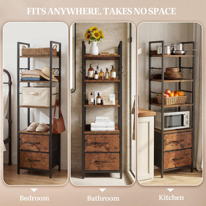 YITAHOME Industrial Bookshelf, 4-Tier Bookcase with Adjustable Shelves & 2 Fabric Drawers