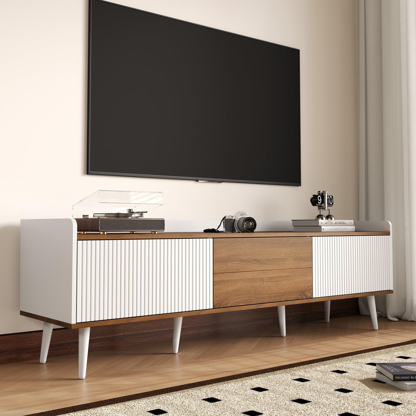 Ball & Cast TV Cabinet 3-Door TV Stand Compact Media Unit with Raised Edge, Striped Doors & Solid Wood Legs 160 × 39 × 49.5 cm - White & Natural Wood