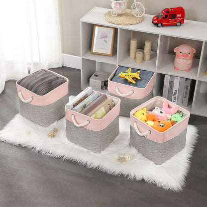 Mangata Canvas Storage Boxes, 30x30x30cm Fabric Storage Baskets for Shelves Organizing Clothes Nursery Home (Grey/Pink, Set of 4)