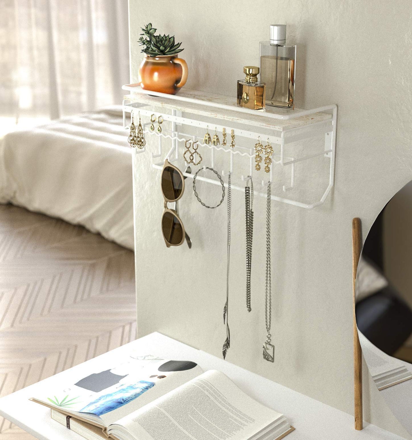 J JACKCUBE DESIGN JackCubeDesign Hanging Jewelry Organizer with 9 Hooks, Wall Mount Necklace Earring Bracelet Sunglass Holder with Wood Shelf