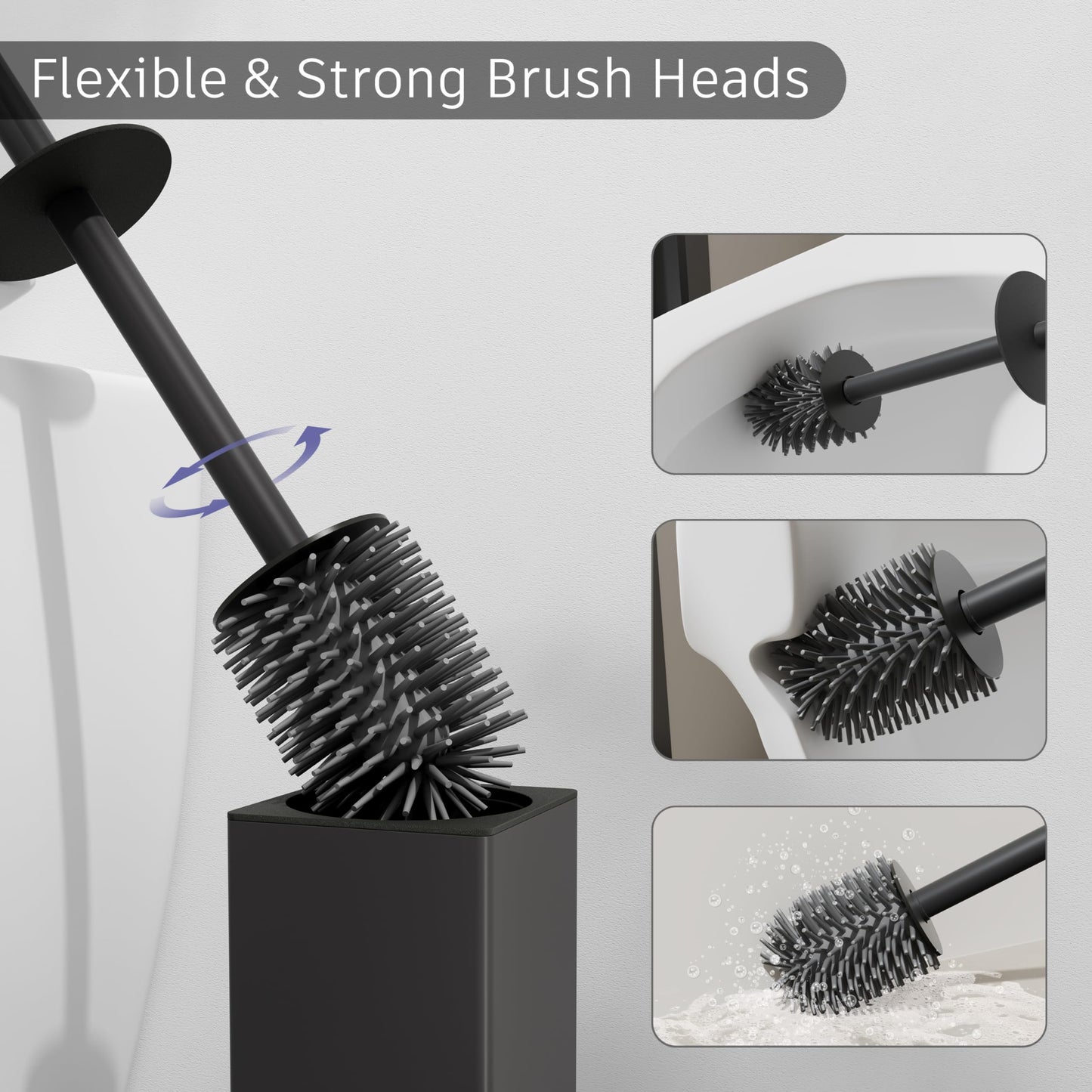 BVL Black Toilet Brush, 2 Piece Square Silicon Toilet Brush and Holder, Free Standing Toilet Brush Including 4 Quick Drying Brush Heads
