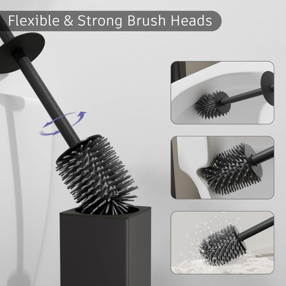 BVL Black Toilet Brush, 2 Piece Square Silicon Toilet Brush and Holder, Free Standing Toilet Brush Including 4 Quick Drying Brush Heads
