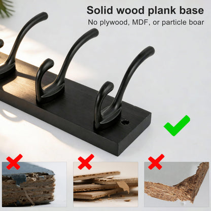 HONSKY Wall Coat Rack with 8 Double Hooks,Wooden Coat and Towel Hanger Storage for Entryway, Bathroom, Bedroom, Garage,Garage,Black Base/Black Hook