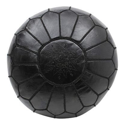 ESSENCE OF MOROCCO Moroccan Pouffe Pouf Footrest Footstool Ottoman Real Leather Black Handmade Hand-stitched with Embroidered Marrakech Design