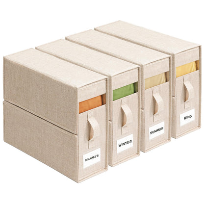4 Pack Sheet Storage Box (King & Queen Size) with handle, Foldable Sheet Set Organizer for Closet, Sheet Organizer for Blanket, Coverlet and Towel