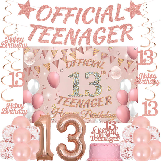13th Birthday Decorations Girls Set - 25 Pcs Rose Gold Official Teenager Banner Bunting Hanging Swirls Streamers Number 13 Balloon 59*39 Inch Backdrop
