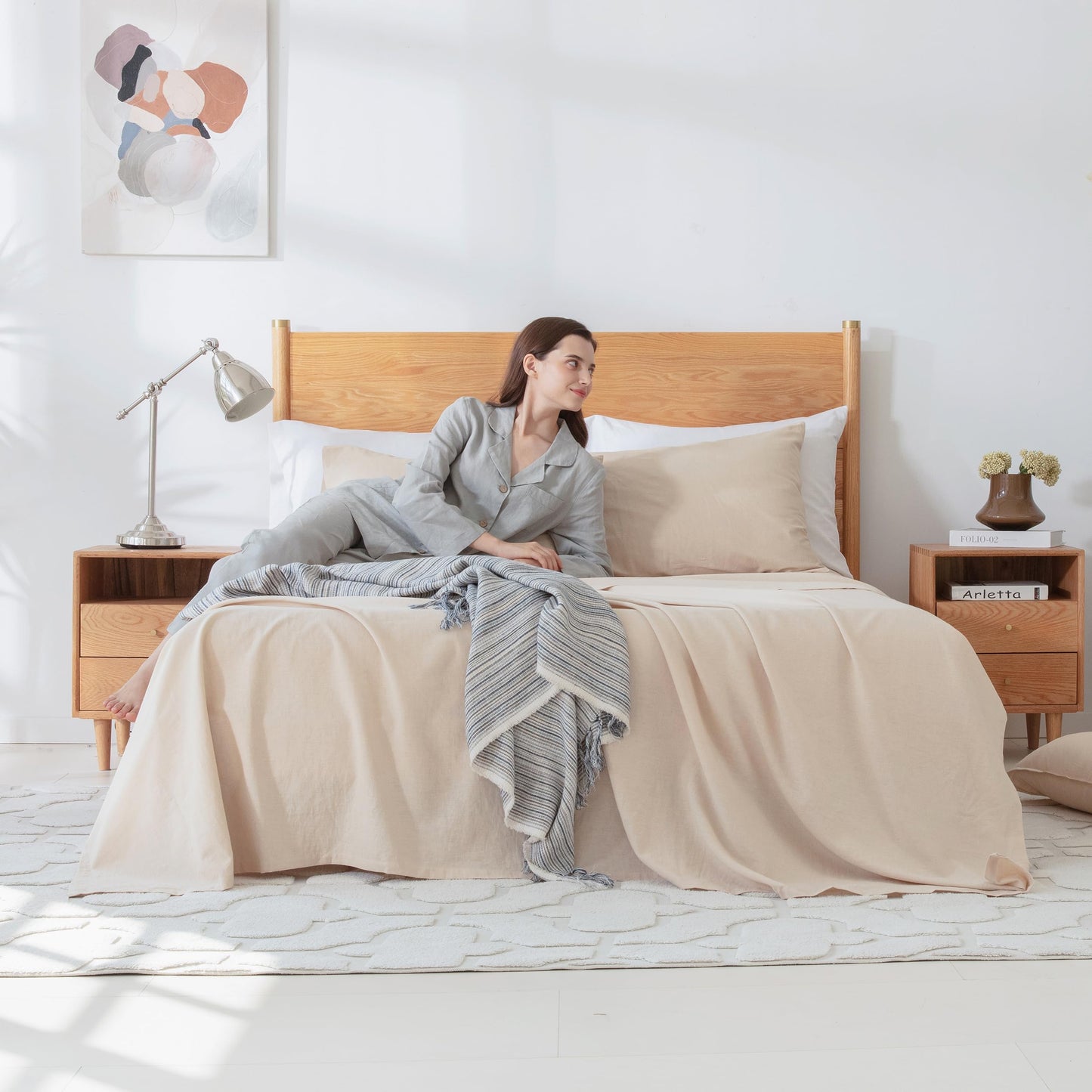 Simple&Opulence King Flat Sheet,55% Linen 45% Cotton Luxury Cool Bed Sheet,Super Soft and Easy Care Flat Top Sheet,255 x 270 cm, Linen/Beige