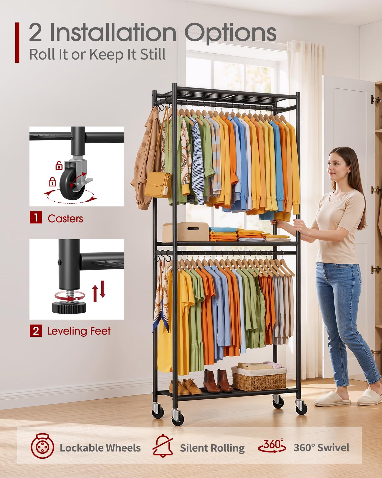Sakugi Metal Clothing Rack Shelves Hooks & Wheels, 84x31x202cm, Black
