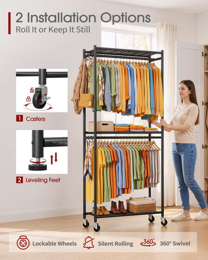 Sakugi Metal Clothing Rack Shelves Hooks & Wheels, 84x31x202cm, Black