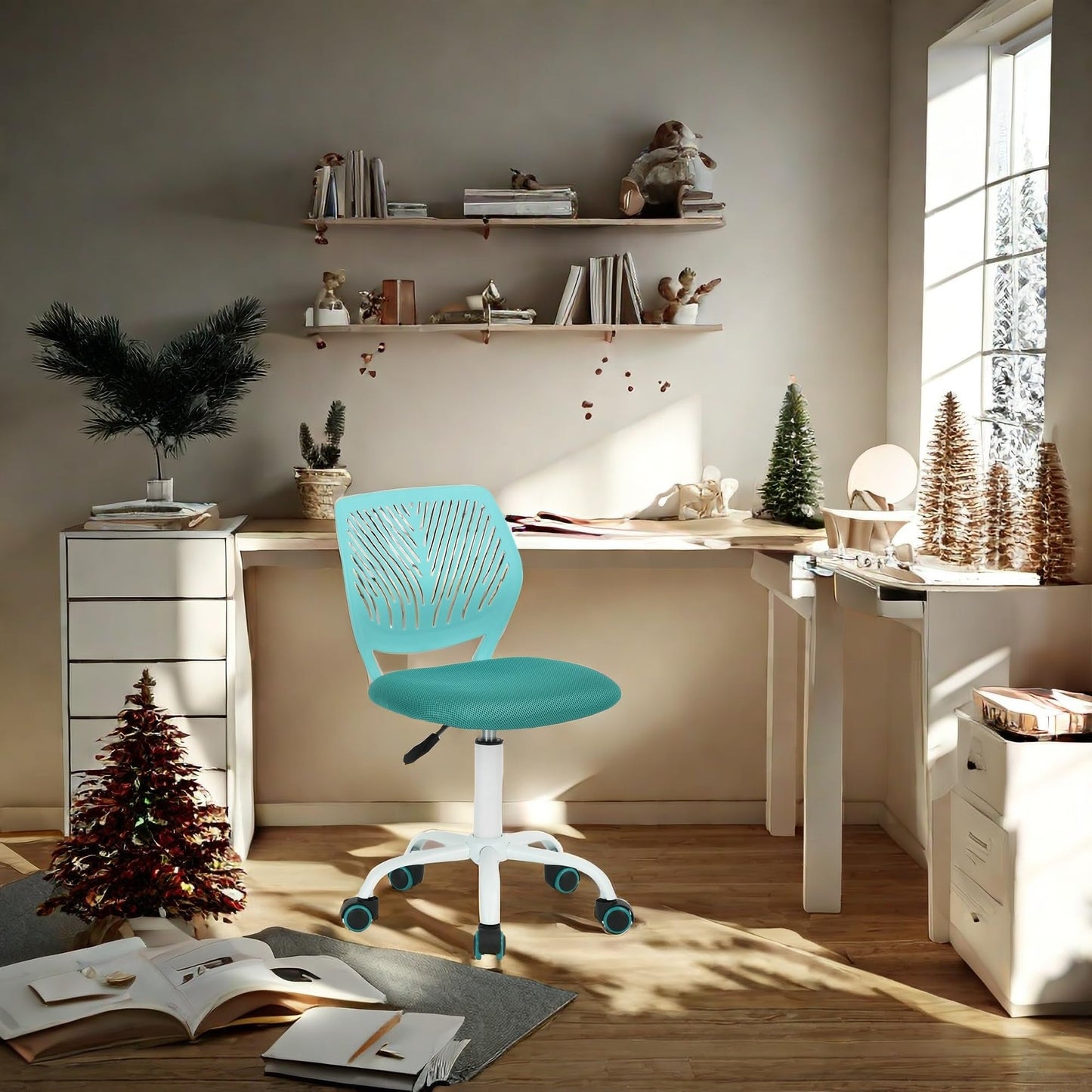 FurnitureR Teens Girls Task Chair 360 Swivel Low Mid PP Mesh Back Fabric Seat Height Adjustable Rolling Castor,FABRIC TURQUOISE