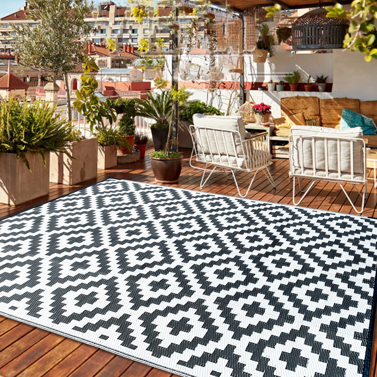 CHOSHOME Outdoor Rug for Garden 150x240CM Large Outdoor Rugs Waterproof Camping Rugs Portable Carpet Woven Rug Easy Cleaning Rug Recycled Balcony Rug