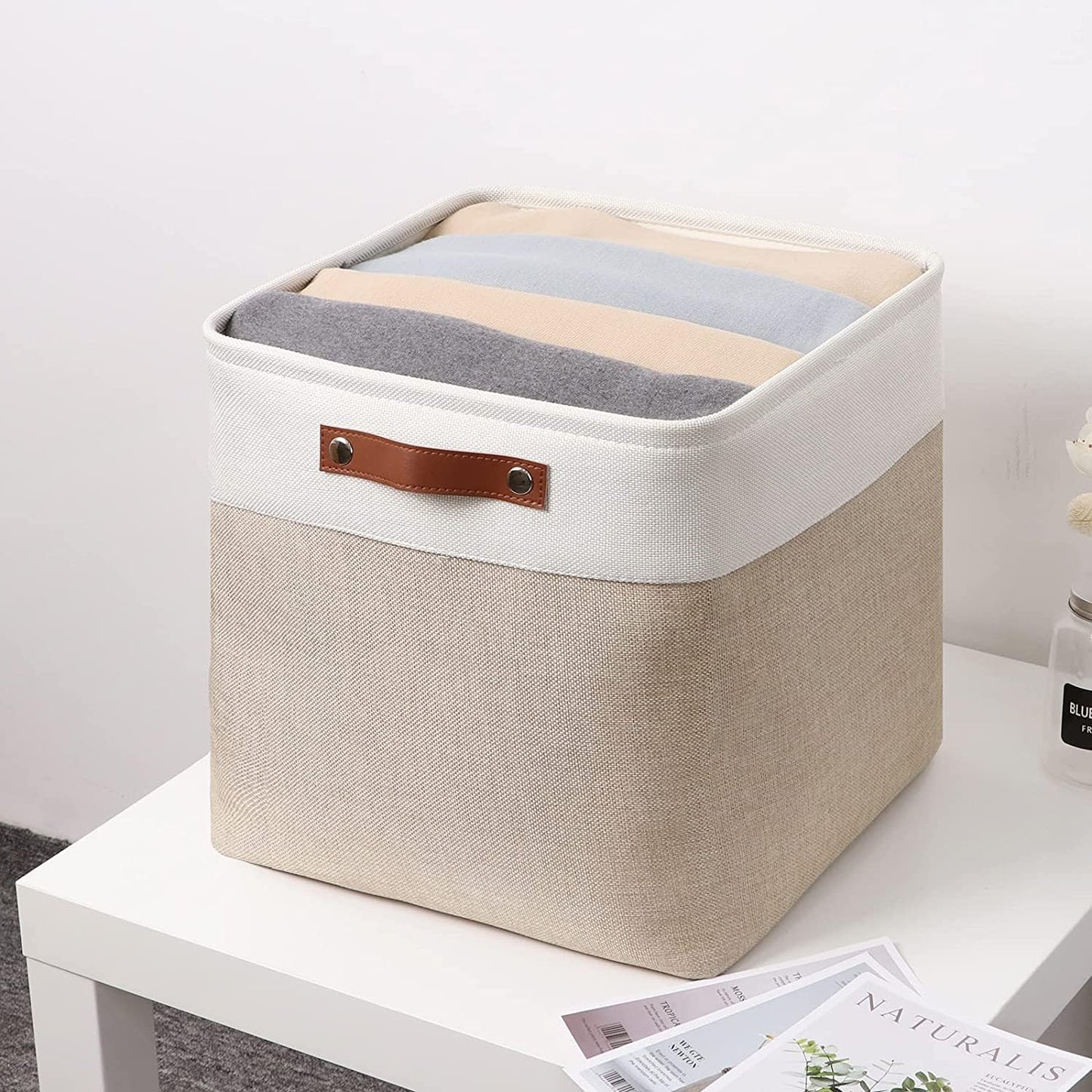 Mangata Collapsible Storage Cube Boxes, 33x38x33cm Linen Woven Fabric Storage Baskets with Leather Handles 4pcs (Light Khaki and White)