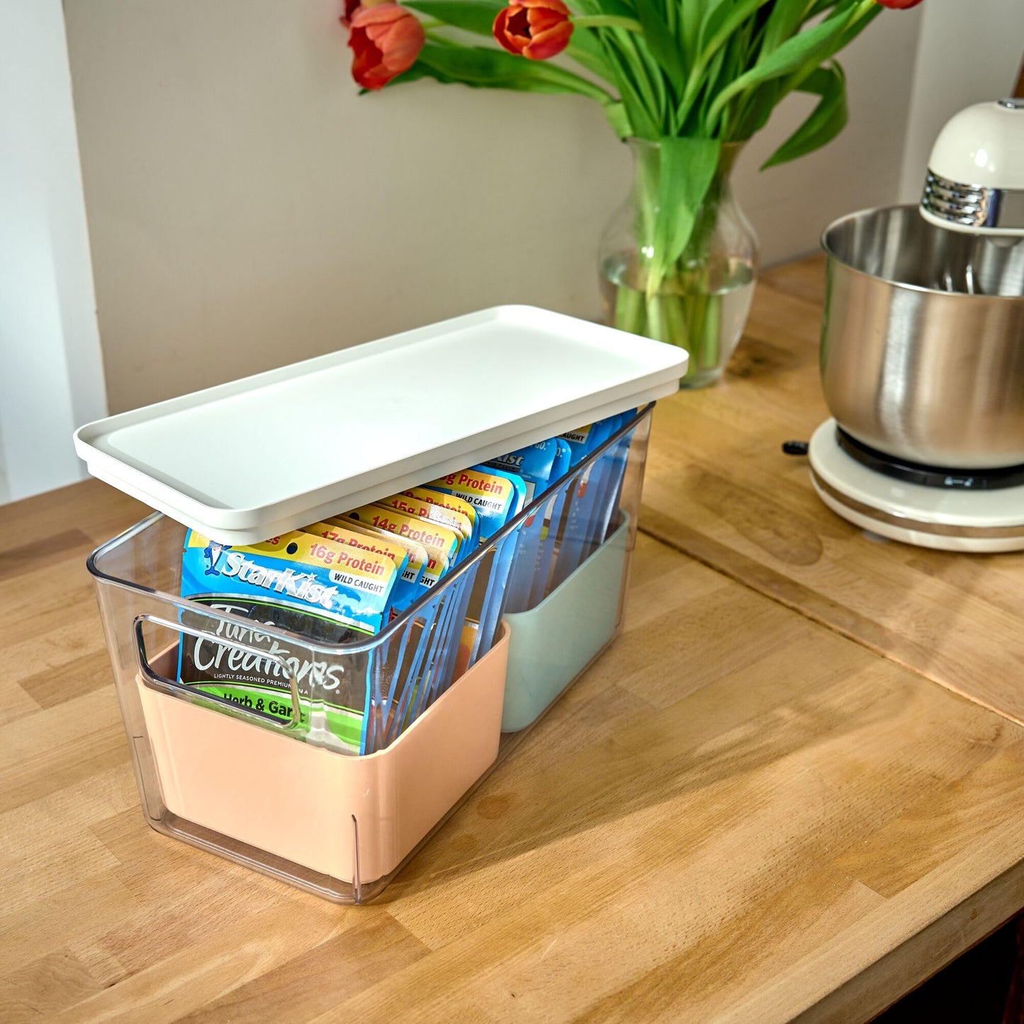 iDesign Storage Box with 2 Dividers, Storage Box with Lid, Versatile Kitchen Storage or Bathroom Organiser, Made of Recycled Plastic, Multicoloured