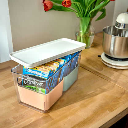 iDesign Storage Box with 2 Dividers, Storage Box with Lid, Versatile Kitchen Storage or Bathroom Organiser, Made of Recycled Plastic, Multicoloured