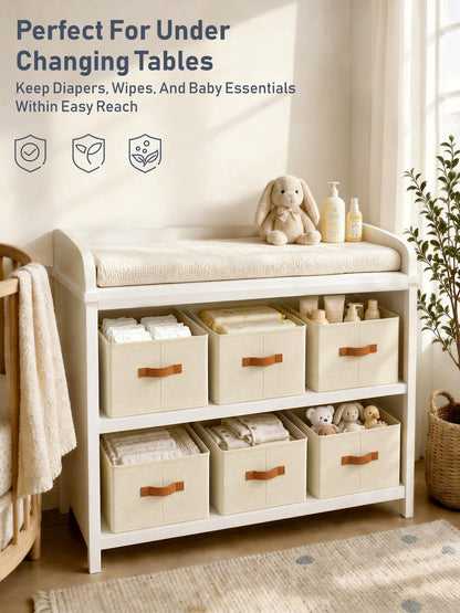 6 Pack Collapsible Fabric Storage Boxes for Wardrobe Shelves, 14"x10",Beige