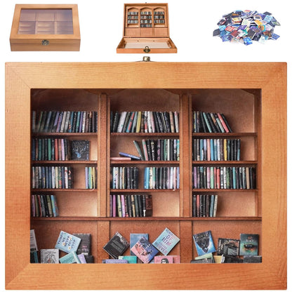 Anxiety Bookshelf with 200 Mini Books, Wooden Miniature Library Display for Stress Relief, Small Home Room Office Decor Ornament