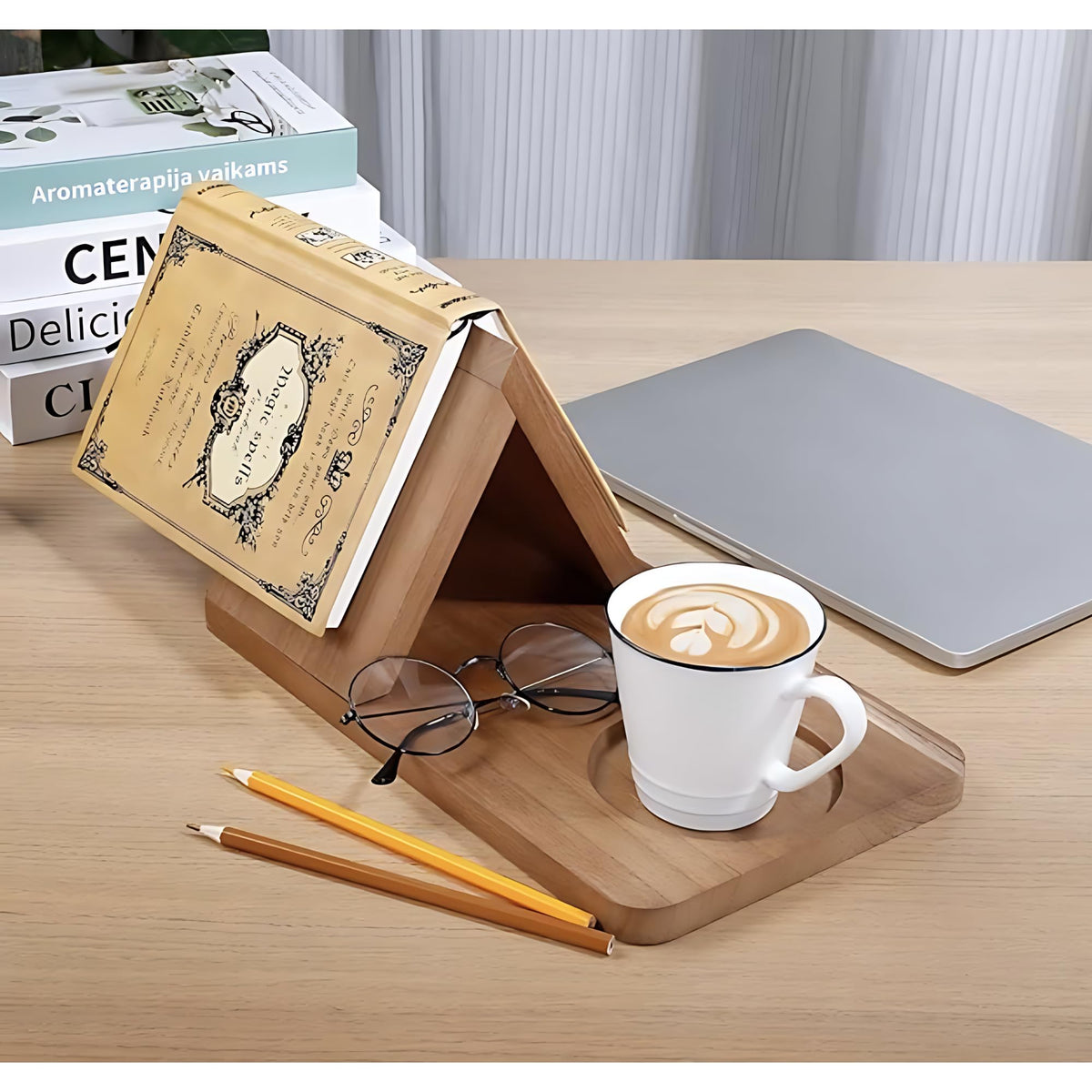 Premium Wooden Book Stand Holder Organiser - Space Saving Triangular Design Bookshelf Any Room - Hold Books, Tablets, Glasses, Drinks
