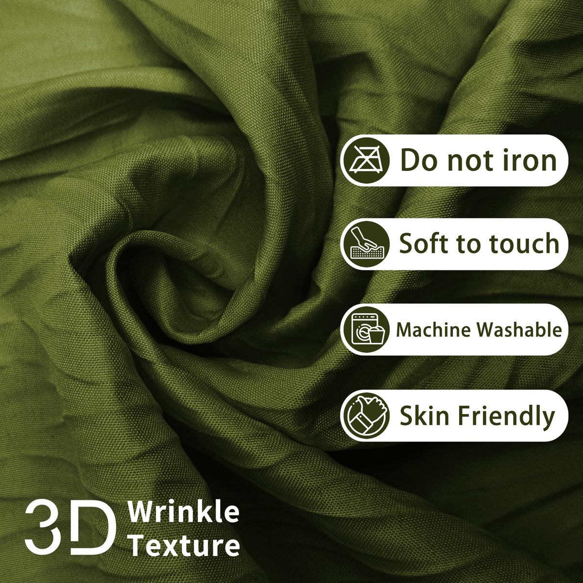 Tititex - Olive Green Crinkle Shower Curtain, Heavy Duty Textured Fabric 156 GSM Luxury Bathroom Decor for Hotel, Waterproof