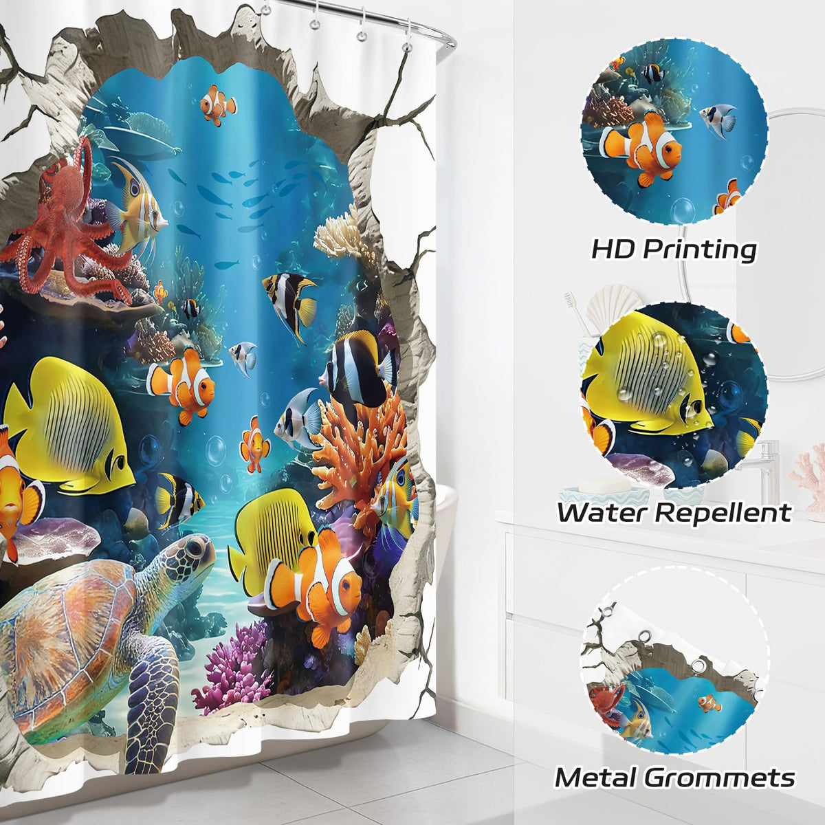 Dazzlewall 3D Fish Shower Curtain for Bathroom Mould & Mildew Resistant