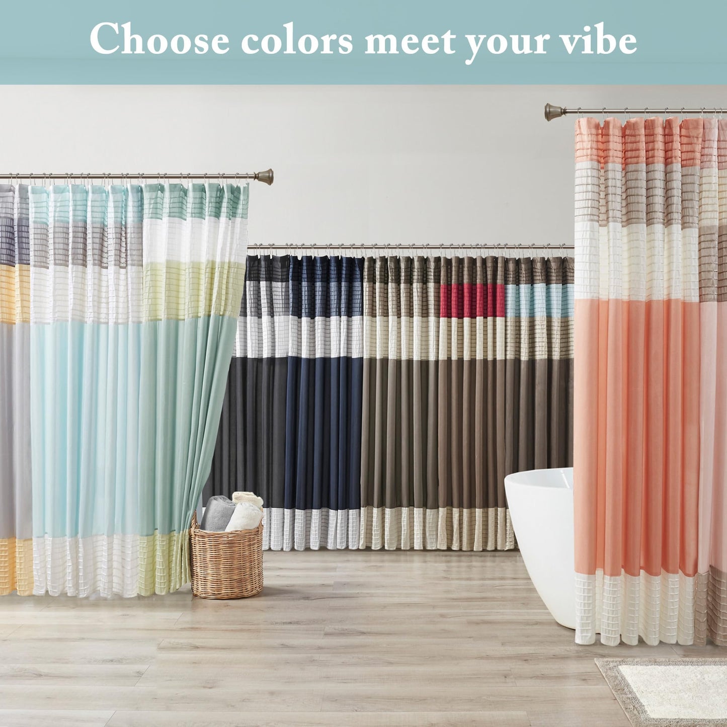 Madison Park Bathroom Shower Faux Silk Pieced Striped Modern Microfiber Bath Curtains, Polyester, Blue, 72" W x 72" L (Pack of 1)