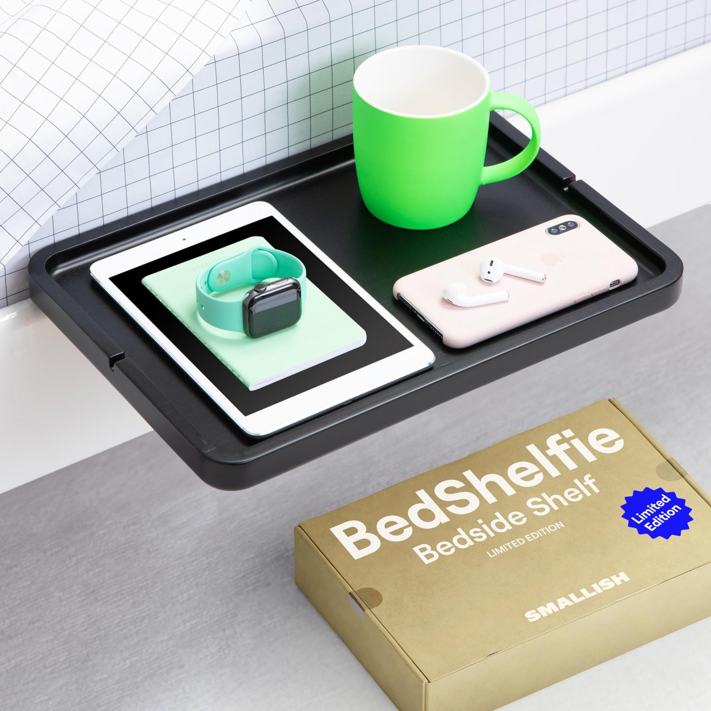 BedShelfie Bedside Shelf for Bunk Bed & Top Bunk, College Dorm Room Essentials, Loft Accessories, Clip On Nightstand Organizer, Floating Bed Side