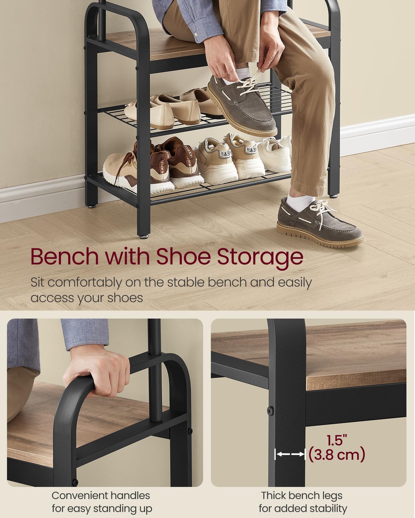 VASAGLE Coat Rack, Coat Stand with Shoe Storage Bench, 4-in-1 Design, with 9 Removable Hooks, a Clothes Rail, for Hallway, Entrance, 34 x 72 x 183 cm,