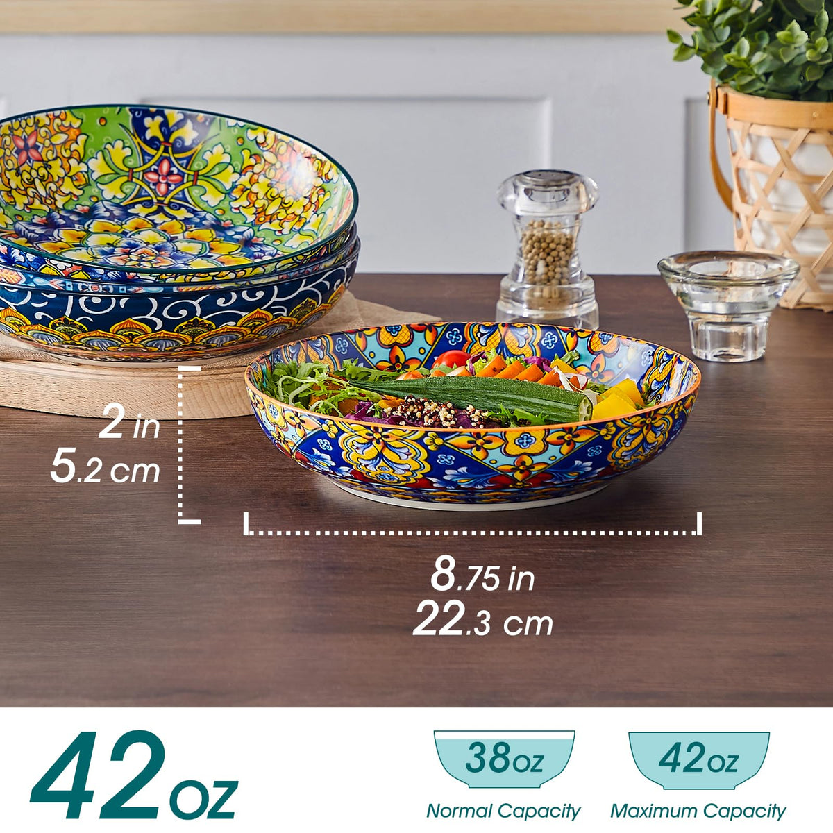 vancasso SIMI Pasta Bowls Set of 4, Porcelain Salad Bowls, 42 oz Large Corlorful Serving Bowls for Kitchen, Dishwasher & Microwave Safe Soup Bowls,