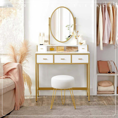 LUE BONA Velvet Round Stool Dressing Table Stool, Makeup Vanity Stool, Ottoman Padded Stool Metal Legs Support, White