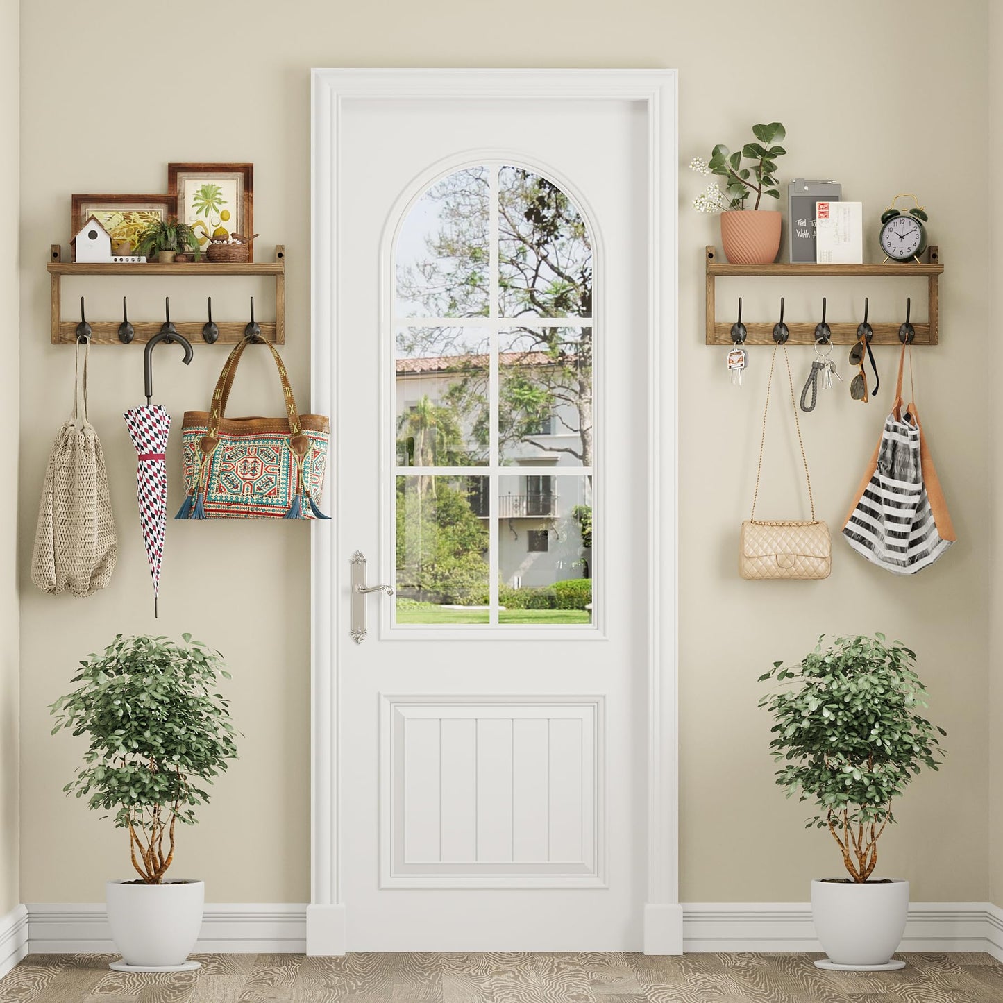 AMBIRD Wall Hooks with Shelf Entryway Wall-Mounted Shelf Wooden Coat Hook Rack Featuring 5 Dual Hooks for Bathroom, Living Room, Bedroom