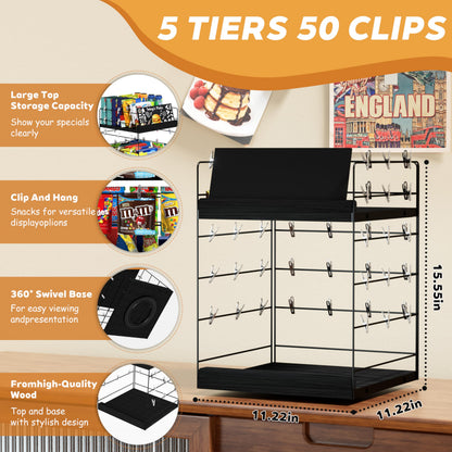 Emfogoo 5-Tier Rotating Snack Organiser with Advertising Board, Chip Display Rack with 360° Spinning Wooden Base & 50 Clips, for Concession Stand