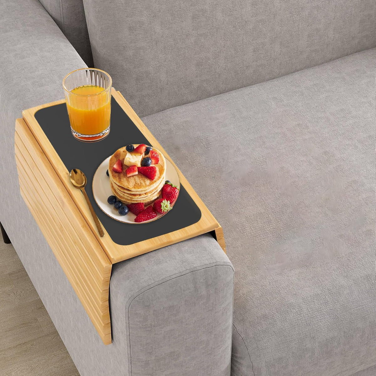 Bamboo Sofa Arm Tray Table - Anti-Slip Foldable Couch Sofa Armrest Tray, Removable Large Couch Cup Holder for Drinks Cup Cellphone Remote Snacks