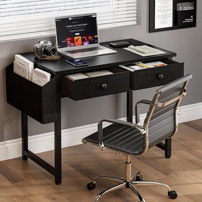 Grandder Small Computer Desk with 3 Fabric Drawers, 100 x 40 cm Home Office Desk with Storage Bags and Drawers