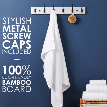 LARHN White Wall-Mounted Coat Rack - 6 Black Coat Hooks, 59cm