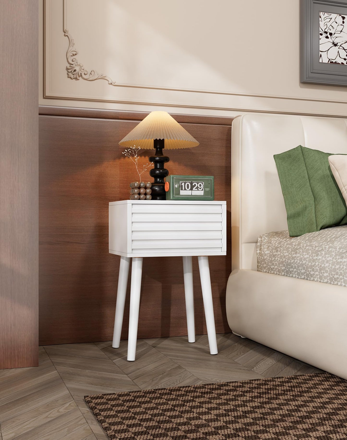 YMYNY Fluted Nightstand Set of 2, Small Bedside Table, Mid-Century Modern End Table, Push-to-Open Door, Solid Wood Legs, 35x27x53 cm, for Living Room