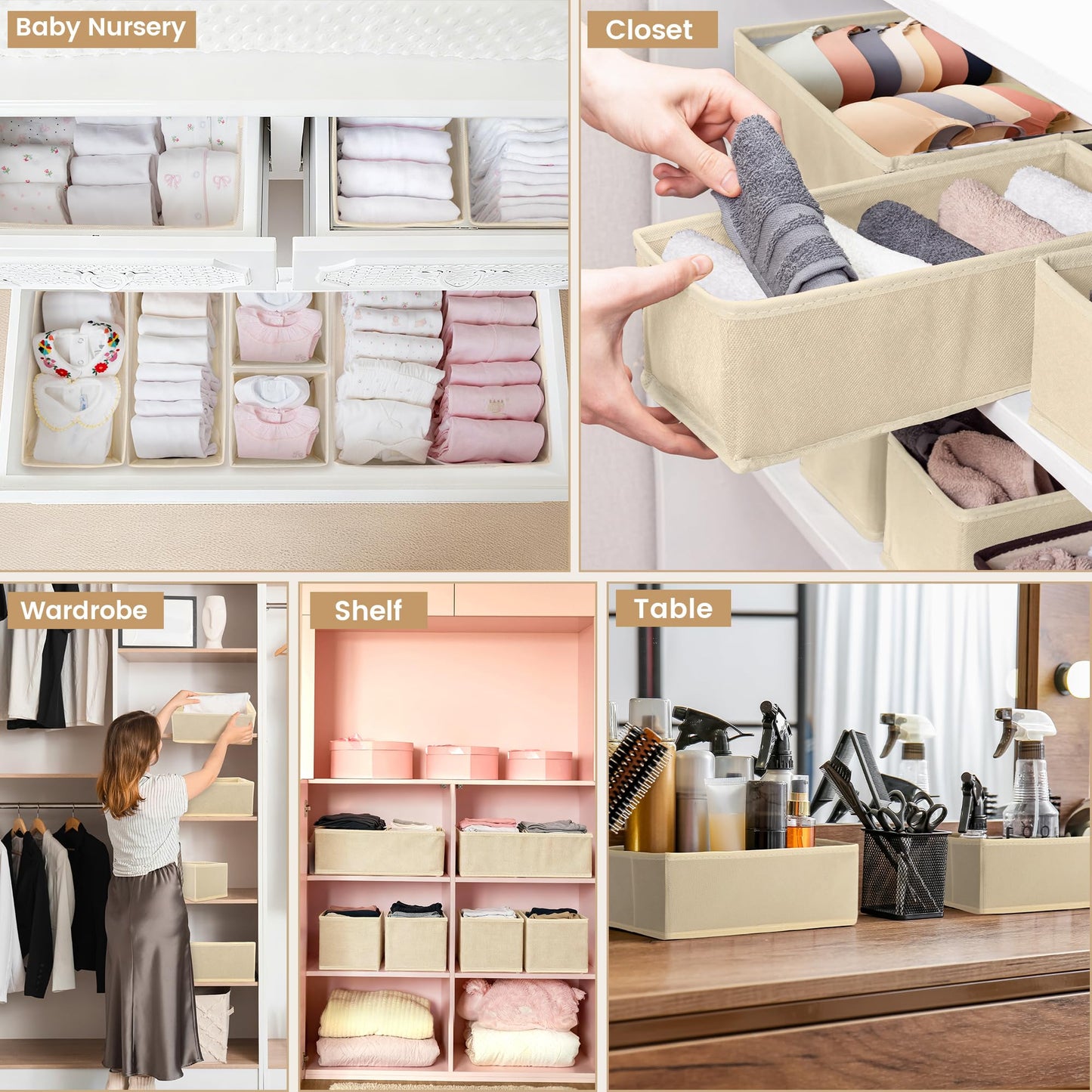 Vivantia 12 Pack Fabric Drawer Organisers for Clothes 3 Sizes Foldable Wardrobe Storage Organiser Bins Underwear Drawer Dividers Clothes Storage