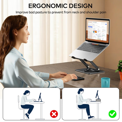 Auvo ALS03 Laptop Stand, Adjustable Computer Stand with 360° Rotating Base, Ergonomic Laptop Riser for Desk, Fits 11-14 inch Laptops, Black