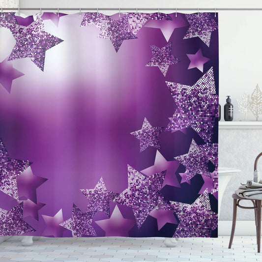 ABAKUHAUS Christmas Shower Curtain, Xmas Stars Backdrop with Vibrant Fractal Little Squares Abstract Design, Cloth Fabric Bathroom Decor Set with