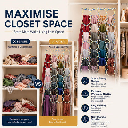 SystemsEleven Complement Shawls Hanger Belt Scarves Tie Rings Wardrobe Organizer Hooks Scarf Hangers Space Savers Foldable Scarfs Hanger with 28 Ring
