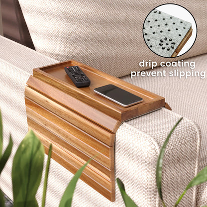 Fibogollo 2 Pack Sofa Arm Tray,Acacia Wood Folding Couch Arm Tray,Sofa Armrest Tray with Anti-Slip Pad for Drinks,Snacks,Phone,Remote Control