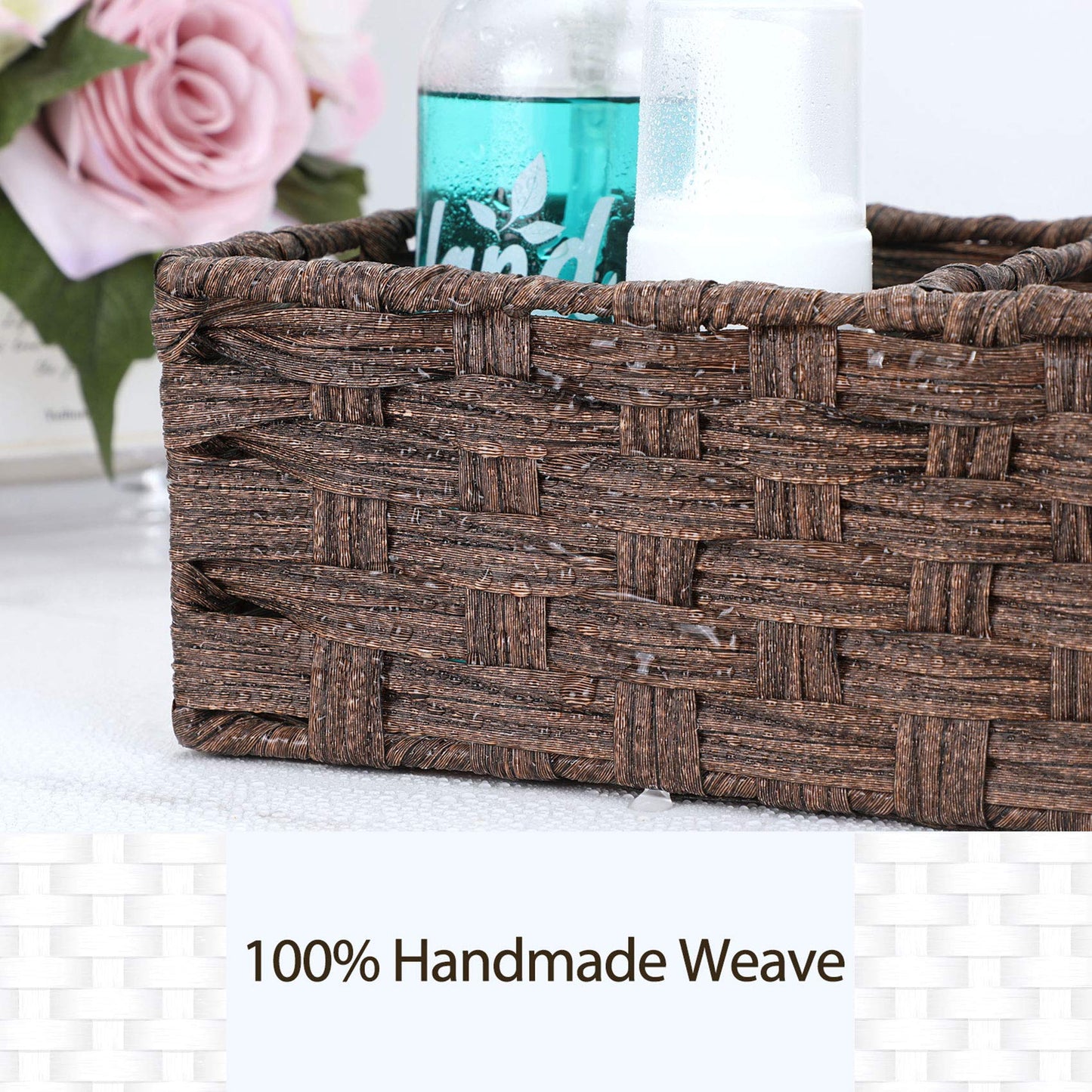 [Larger Compartments] Toilet Tank Topper Paper Basket - Multiuse Hand Woven Plastic Wicker Basket with Divider for Organizing