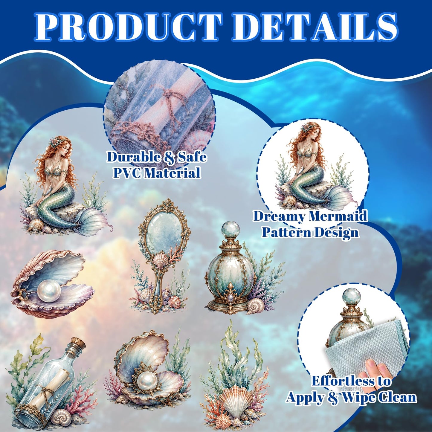 MOROBOR Non Slip Bathtub Stickers 6PCS Dreamy Mermaid Bathtub Sticker Anti-Slip Adhesive Bathtub Decals with Scraper for Bath Tub Stair Shower Floor