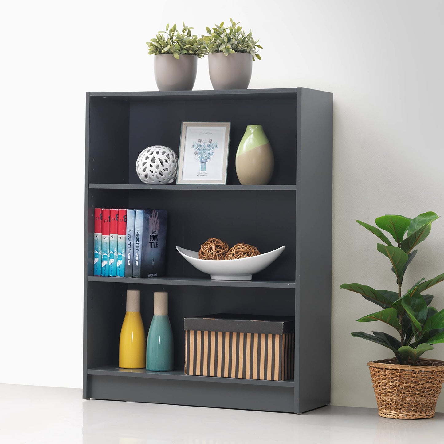 Timber Art Design 3 Tier Open Bookcase Shelf Tall Adjustable Display Shelving Storage Unit Wood Furniture Multimedia Comicbook Rack - Dark Grey