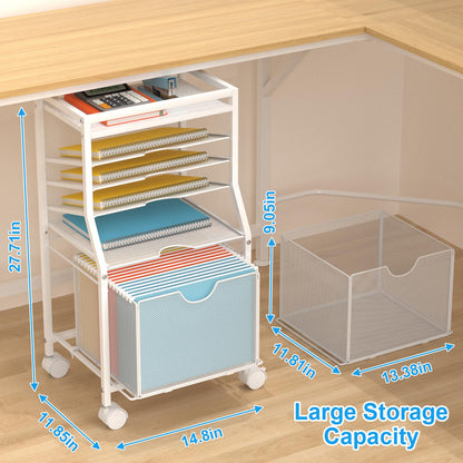 BOHDK Rolling File Cart, 6-Tier Under Desk Organiser on Lockable Wheels, Black Wood Planks & Mesh File Cart with Sliding Drawer and Paper Trays for