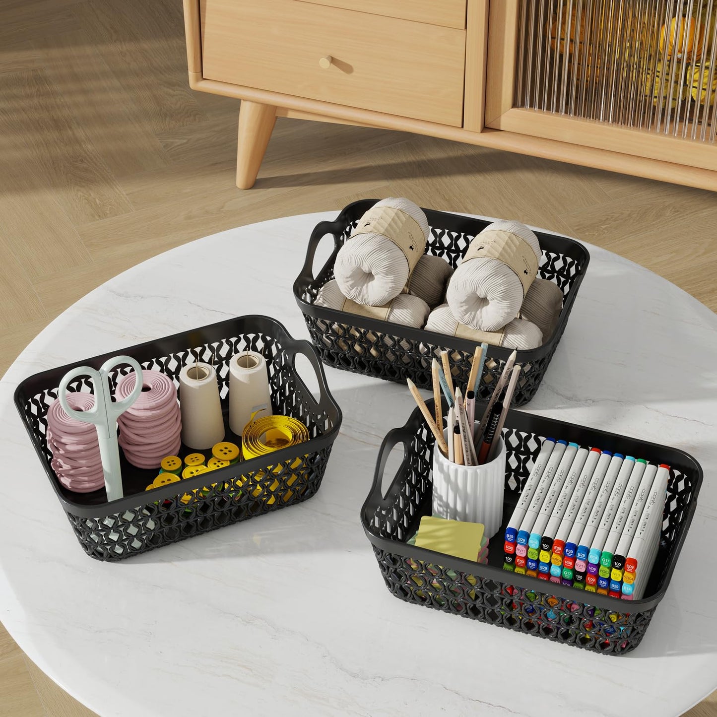 Yesdate Set of 12 Office Small Desk Storage Basket Set, Cupboard Storage Organiser Baskets, Mini Shallow Basket, Black